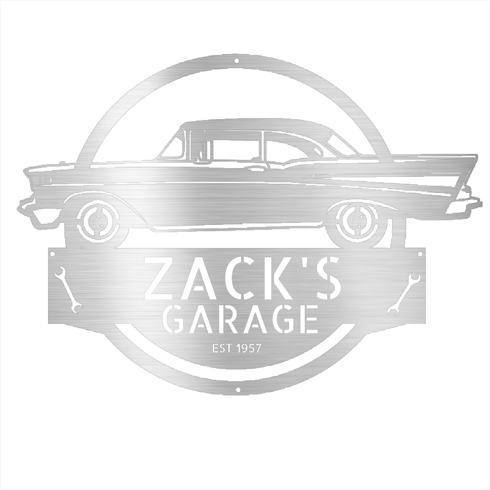 Silver / 12 1957 Bel Air Garage Sign – Personalized Metal Classic Car Wall Art for Dad’s Workshop