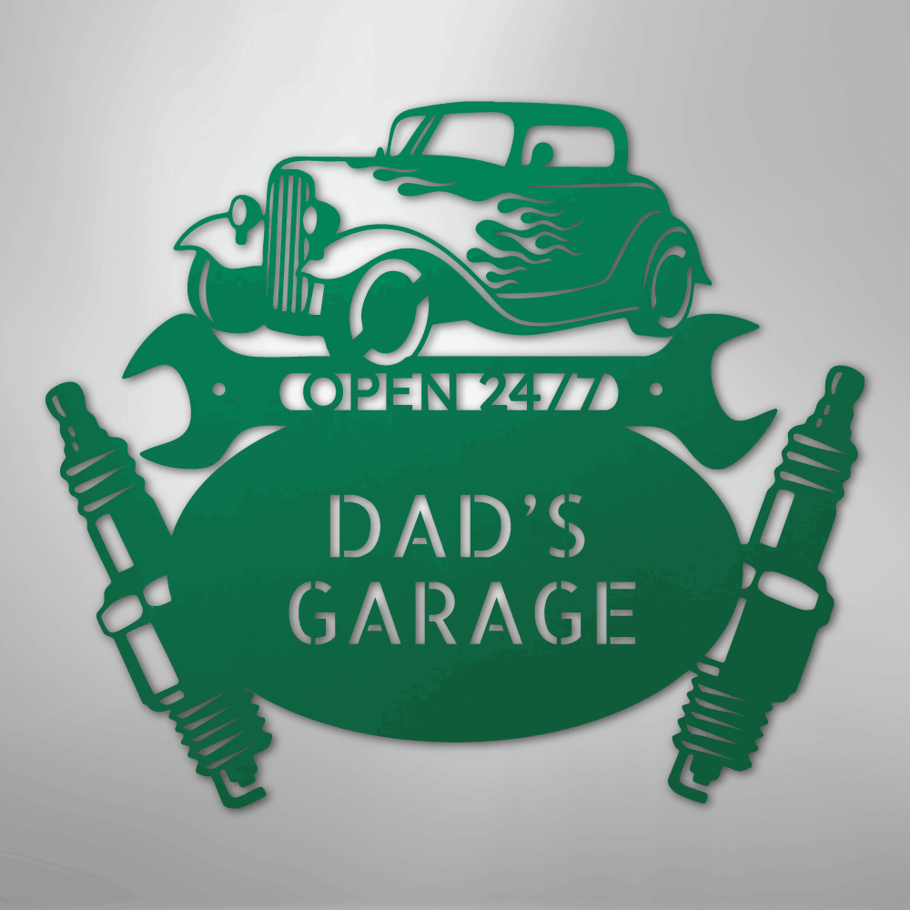 Custom Dad’s Garage Metal Sign – Personalized Hot Rod Car Wall Art