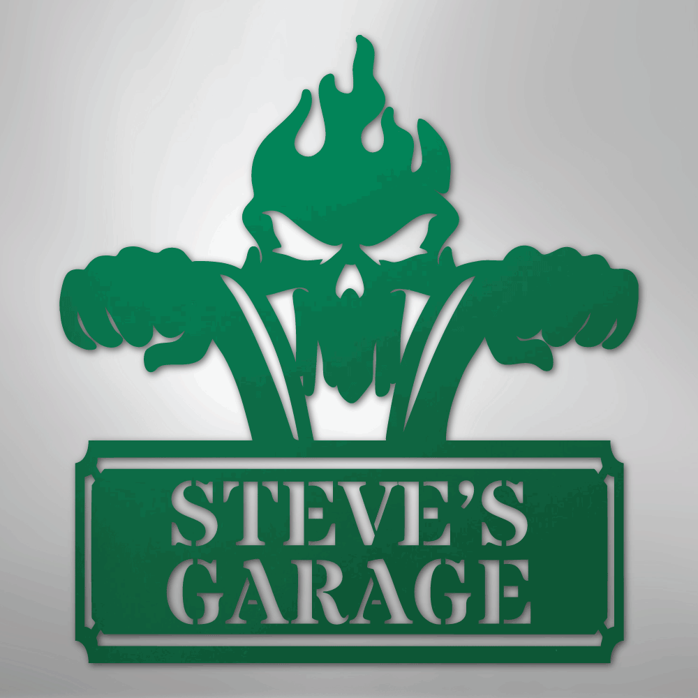 Custom Personalized Garage Metal Sign – Skull & Pistons Wall Art for Mechanics
