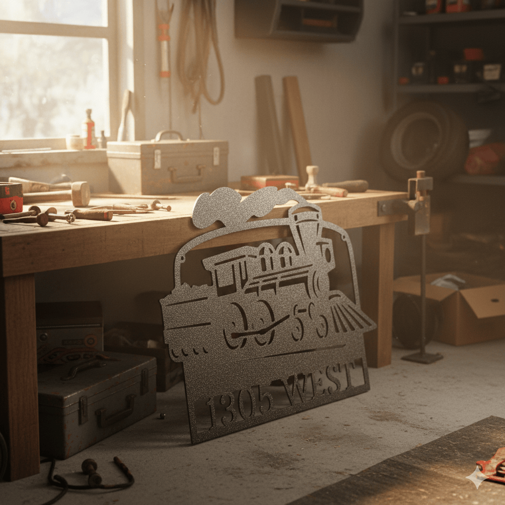 Custom Train Address Metal Sign – Custom House Number Steam Engine Wall Art