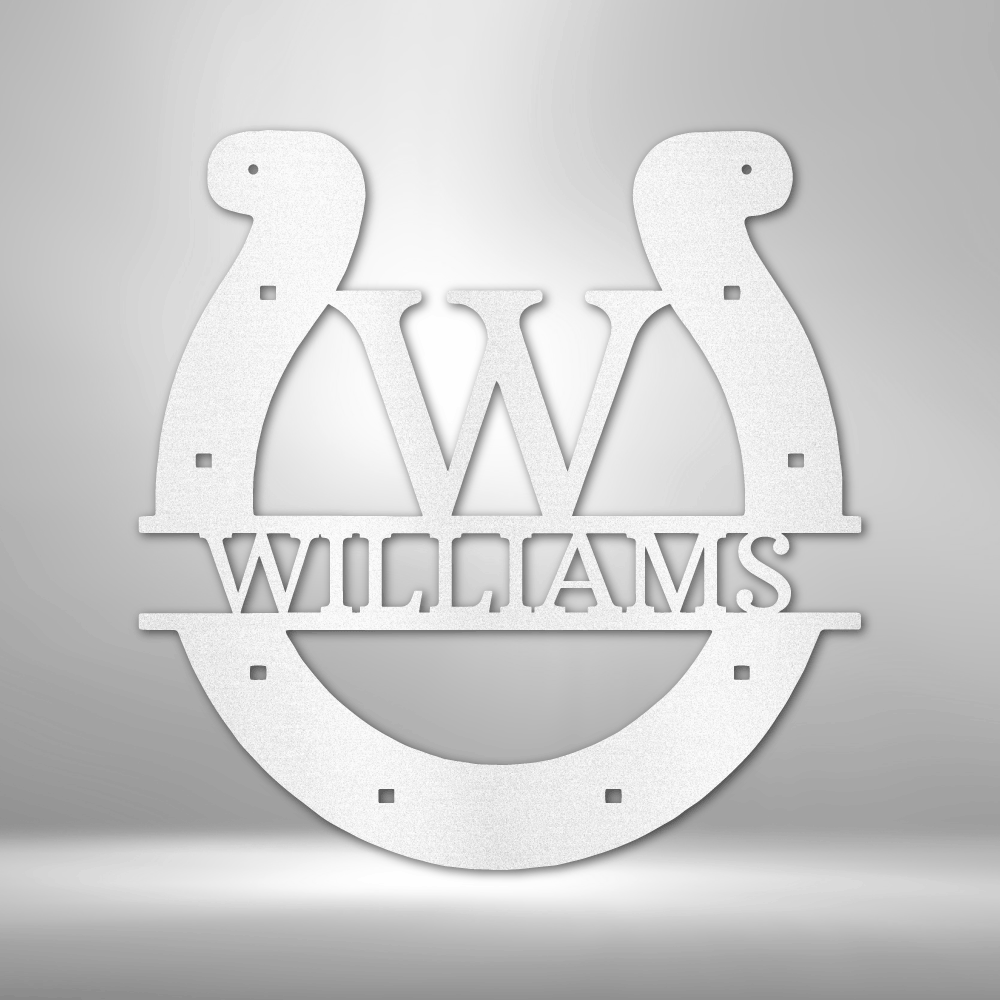 Steel Sign White / 12" Custom Horseshoe Monogram – Personalized Metal Name Sign for Ranch, Farm & Western Home Decor