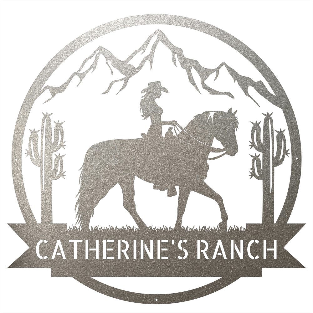 Steel Sign Silver / 12 Personalized Ranch Sign | Cowgirl on Horseback Metal Wall Art