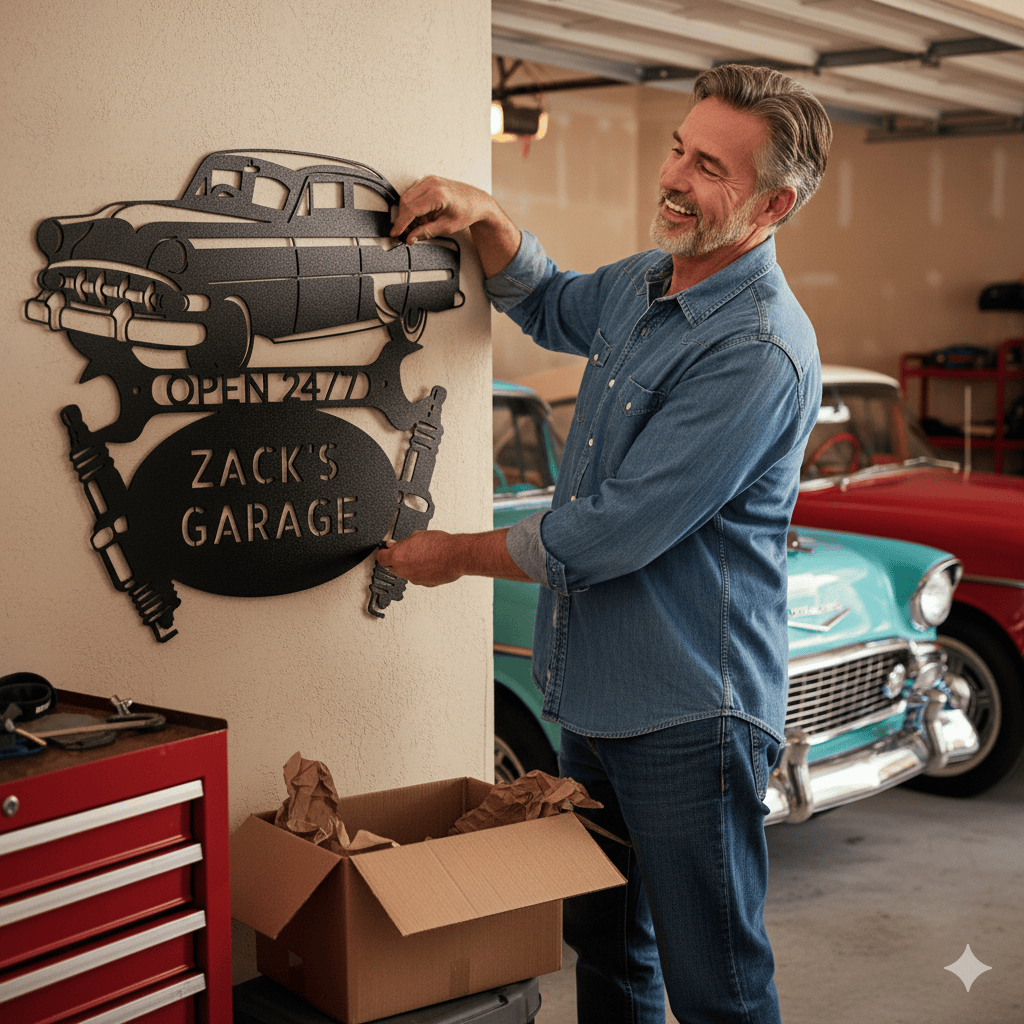 Wall Art CUSTOM GARAGE SIGN - Personalized 1950 Chevy Bel Air Steel Monogram Sign