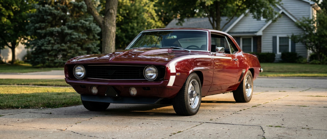 Burgundy 1969 Camaro SS with a white racing stripe parked on a suburban driveway