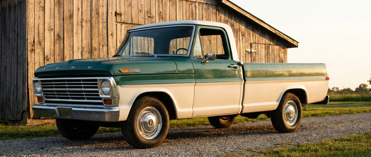 Green and white 1969 Ford F-100 bumpside pickup parked beside a weathered timber barn