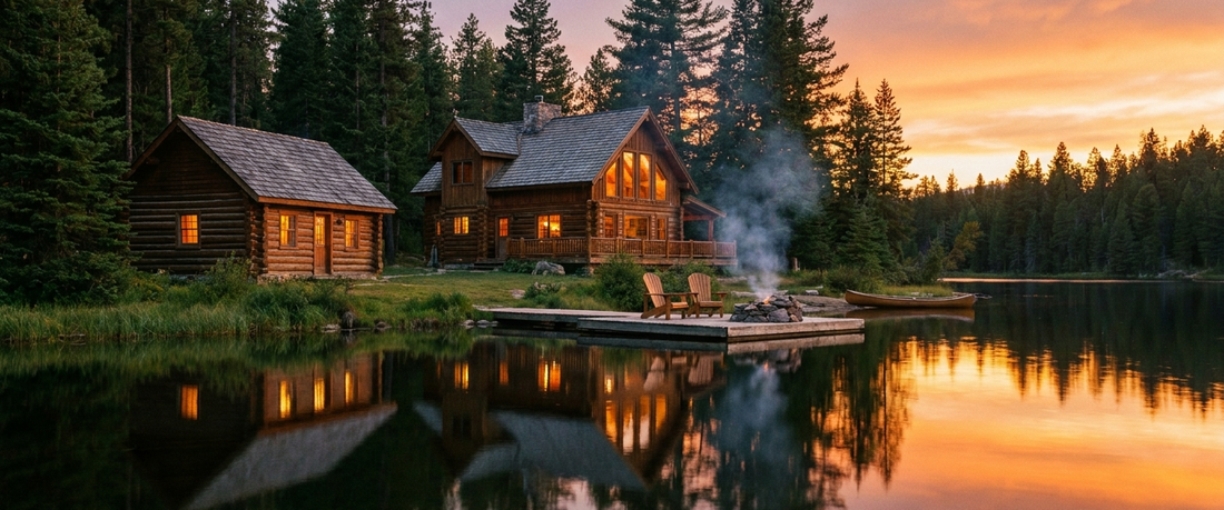 Cozy lake house and log cabin at golden hour, cabin wall decor