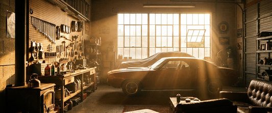 Classic car garage workshop at golden hour