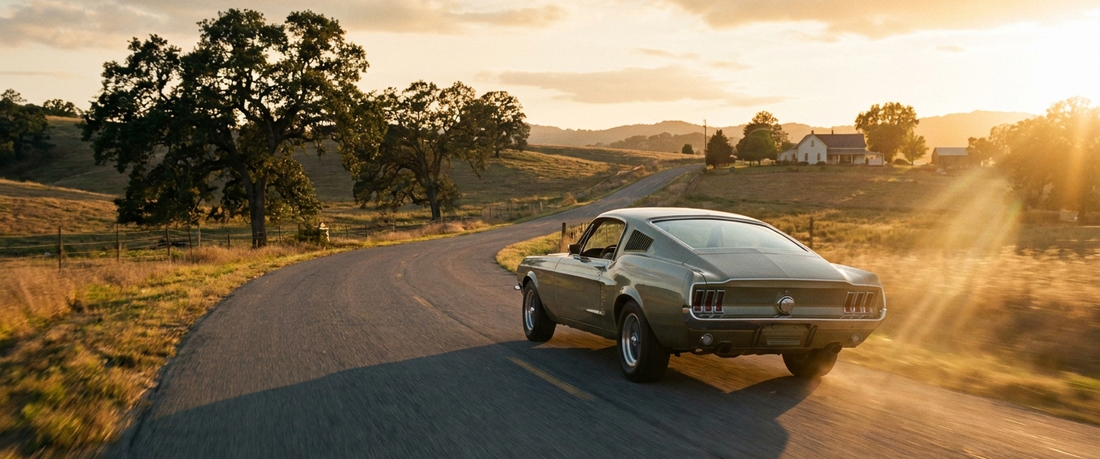 Classic American fastback muscle car at golden hour