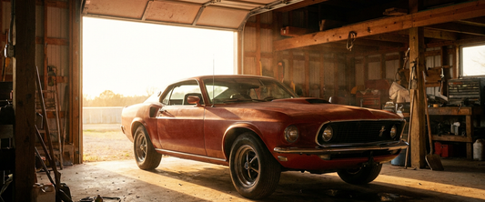 Late 1960s American muscle car in a sunlit garage at golden hour