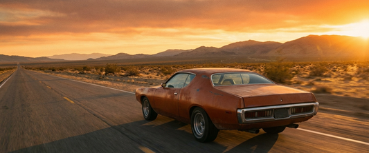 1970s American muscle car on a desert highway at sunset