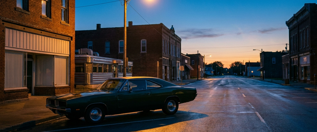 Classic American muscle car under a streetlight at dusk