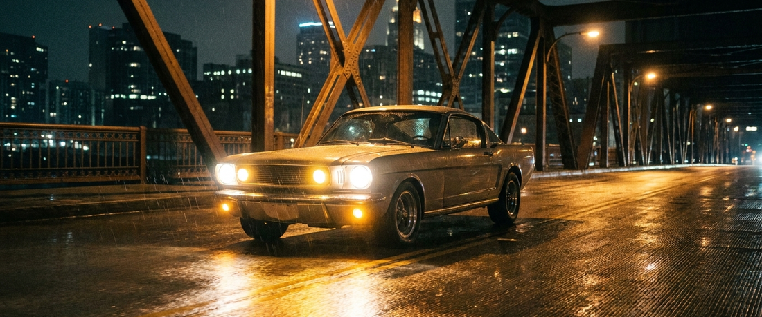 American muscle car crossing a city bridge at night