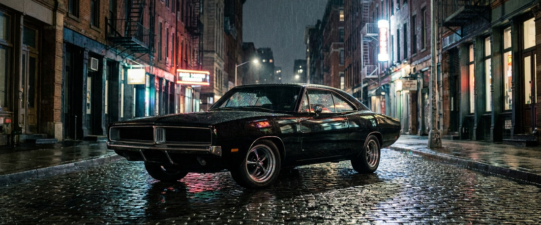 American muscle car on a rain-slicked city street at night