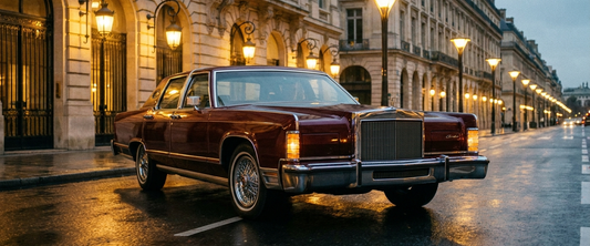 Luxurious 1970s American luxury car on an elegant boulevard at dusk