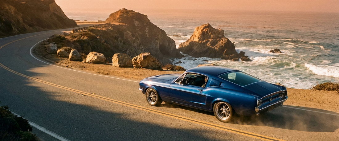 Sleek vintage American sports car on a coastal cliff highway at golden hour