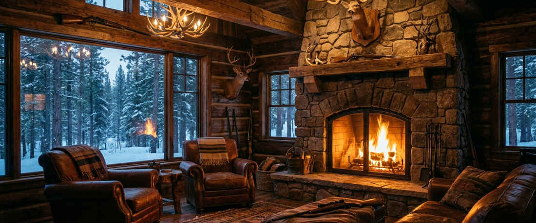 Rustic hunting lodge interior with a stone fireplace at dusk