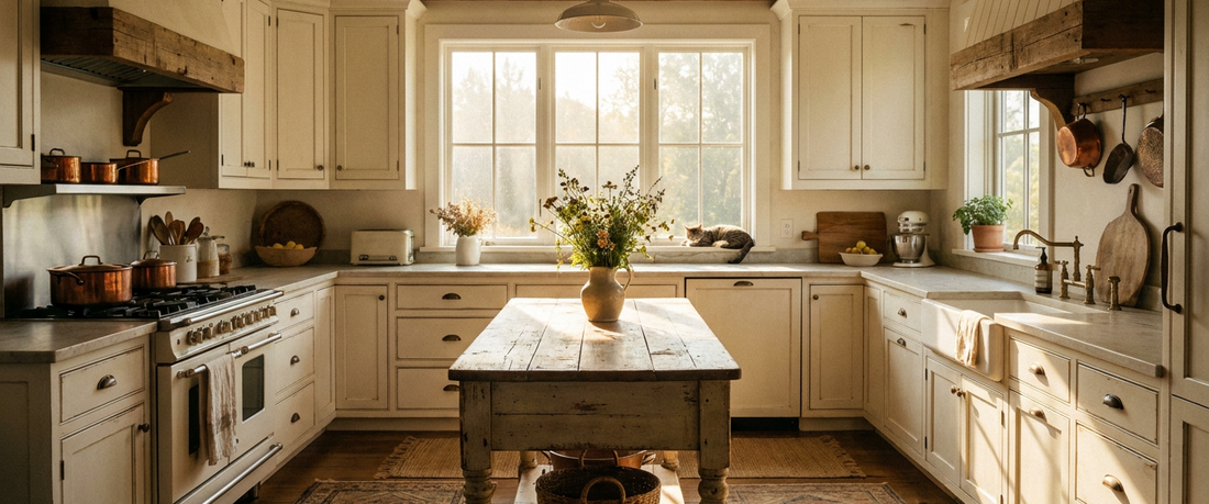 Cozy sunlit farmhouse kitchen in the morning