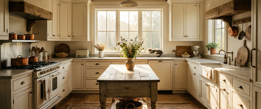 Cozy sunlit farmhouse kitchen in the morning