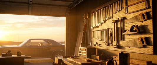 Cozy home garage workshop at golden hour with tools on the wall