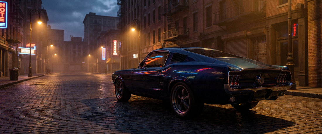 Late 1960s American muscle car on a dramatic city street at dusk