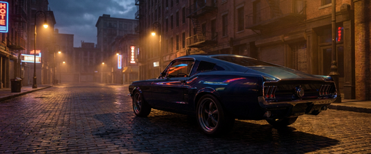 Late 1960s American muscle car on a dramatic city street at dusk