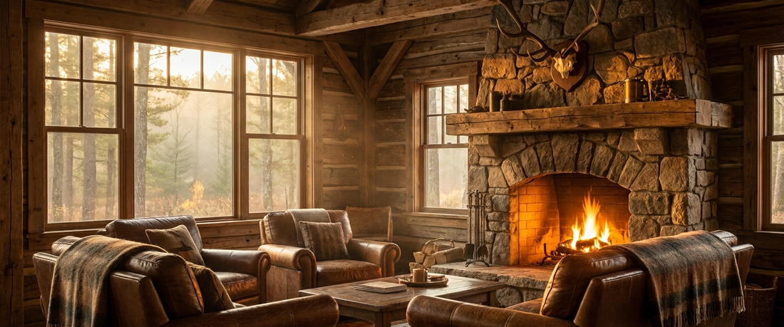 Rustic hunting lodge interior with a stone fireplace at golden hour