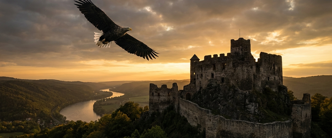 Cinematic white eagle soaring over an ancient castle at golden hour, evoking Polish heritage