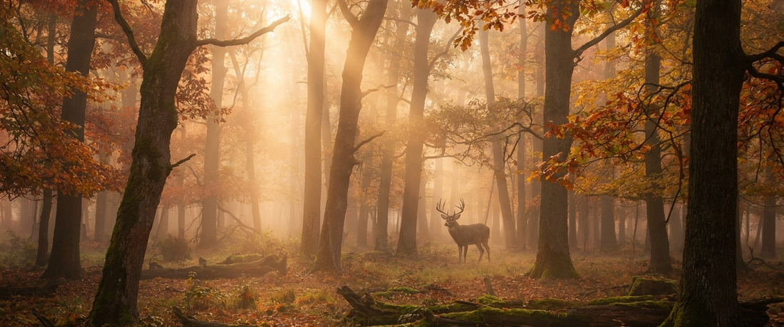 Cinematic misty autumn forest at golden hour with a whitetail deer, deer hunting theme