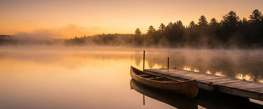 Cinematic calm lake at dawn with a dock and canoe, bass fishing theme