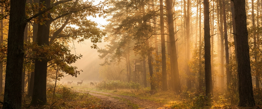 Cinematic misty autumn forest at golden hour, deer hunting wilderness