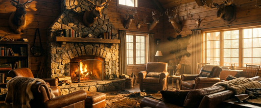 Cinematic rustic hunting lodge interior with a stone fireplace at golden hour