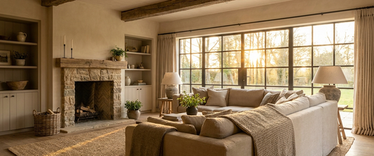 Cinematic cozy modern farmhouse living room interior at golden hour