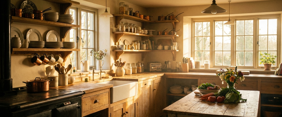 Cozy sunlit farmhouse kitchen in the morning, Mother's Day kitchen sign theme