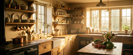 Cozy sunlit farmhouse kitchen in the morning, Mother's Day kitchen sign theme