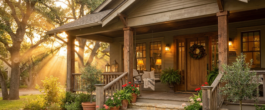 Welcoming front porch and entry of a home at golden hour, housewarming address sign theme