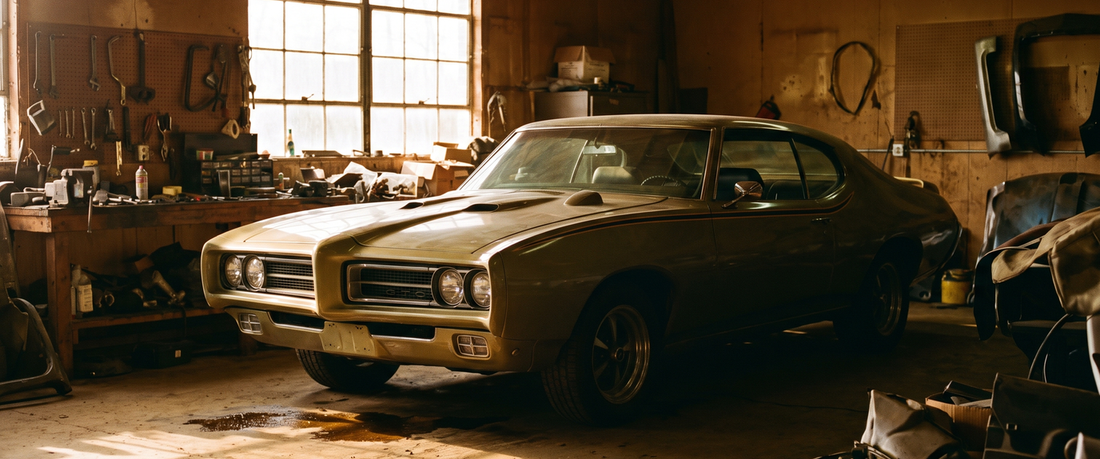 Cinematic 1969 Pontiac GTO Judge American muscle car in a sunlit garage