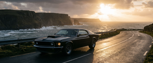 Cinematic 1969 Ford Mustang Boss 429 American muscle car on a dramatic road