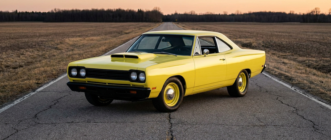 Yellow 1969 Plymouth Road Runner with dog-dish hubcaps on an empty rural two-lane highway
