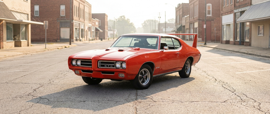 Orange 1969 Pontiac GTO Judge with its rear wing parked on a small-town main street