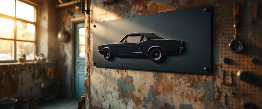 Flat laser-cut powder-coated steel muscle car silhouette sign in a classic-car restoration garage