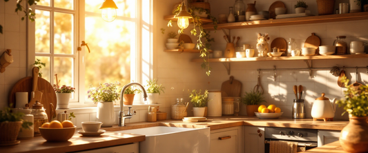 Sunlit cozy farmhouse kitchen in the morning, Mother's Day personalized home decor theme