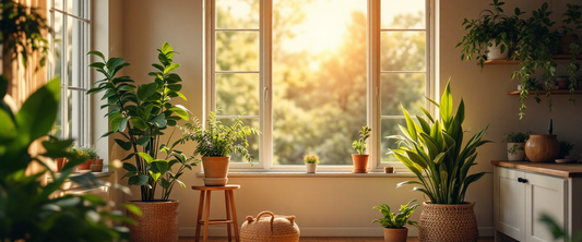 Cozy modern farmhouse interior with warm light and green plants, sustainable home theme
