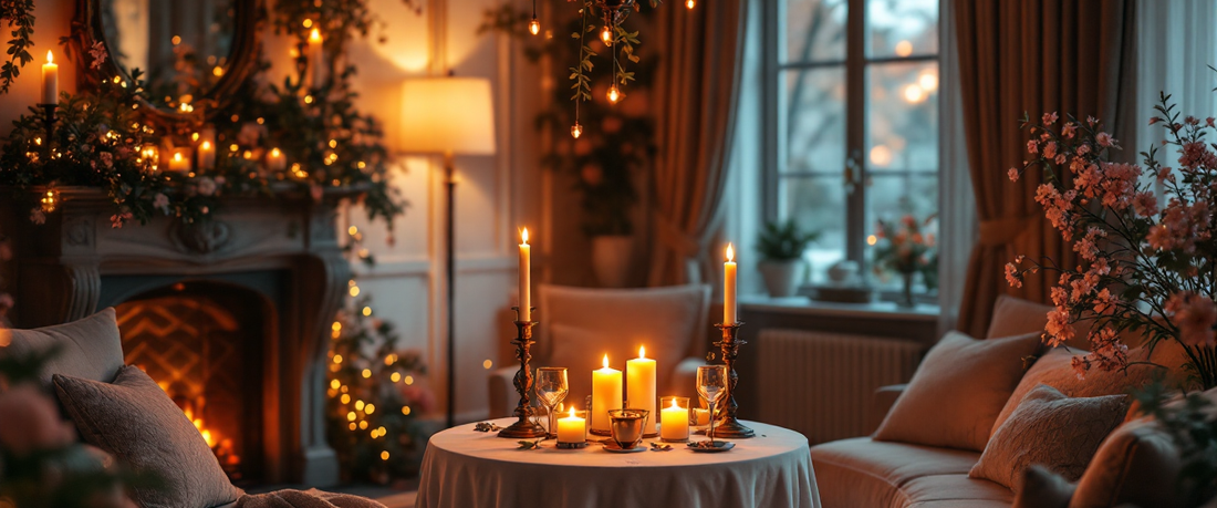 Warm elegant living room with a romantic candlelit table, personalized anniversary heirloom theme