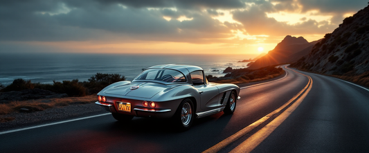 Cinematic 1963 Corvette Stingray on a coastal road at golden hour
