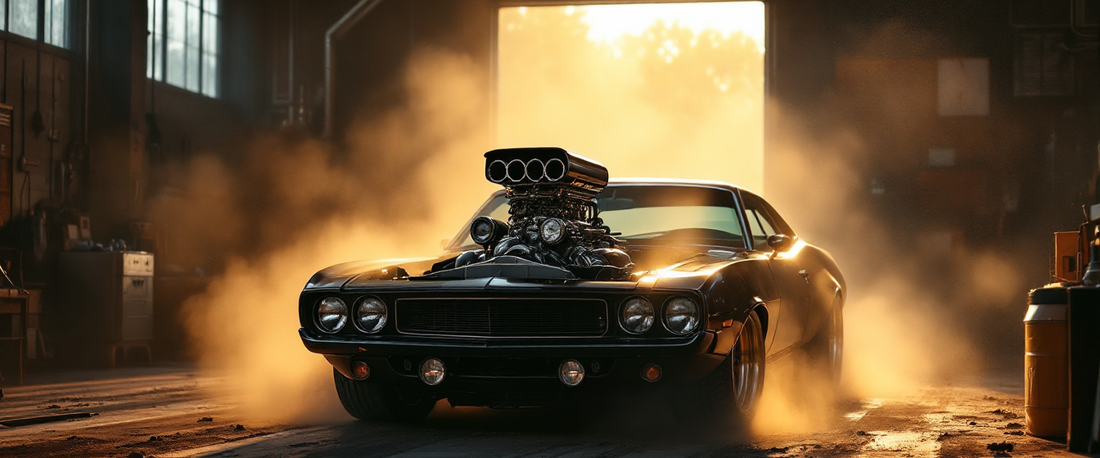 Classic American muscle car in a sunlit garage with the hood up showing a big-block V8 engine
