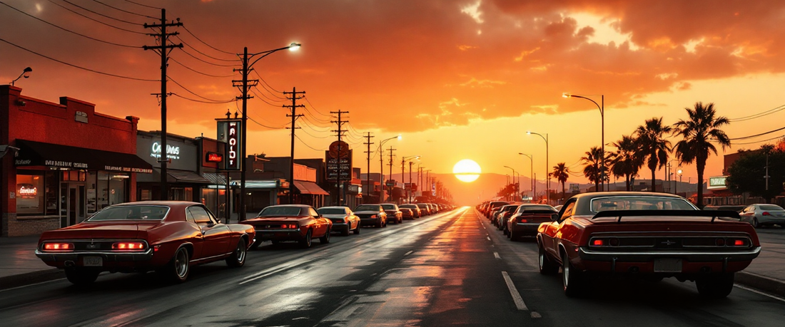 Classic American muscle cars lined along a dusk boulevard, evoking Woodward Avenue cruising nights