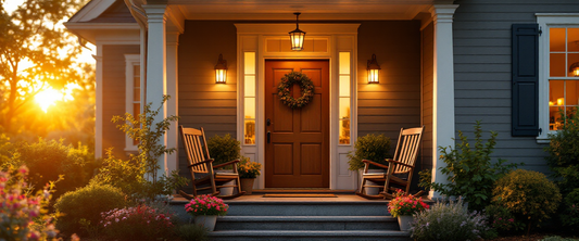 Cinematic welcoming family home front porch at golden hour