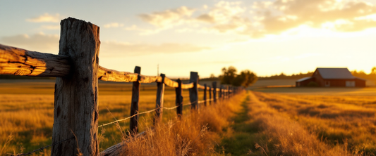 Cinematic golden-hour ranch landscape with wooden fence and farmhouse
