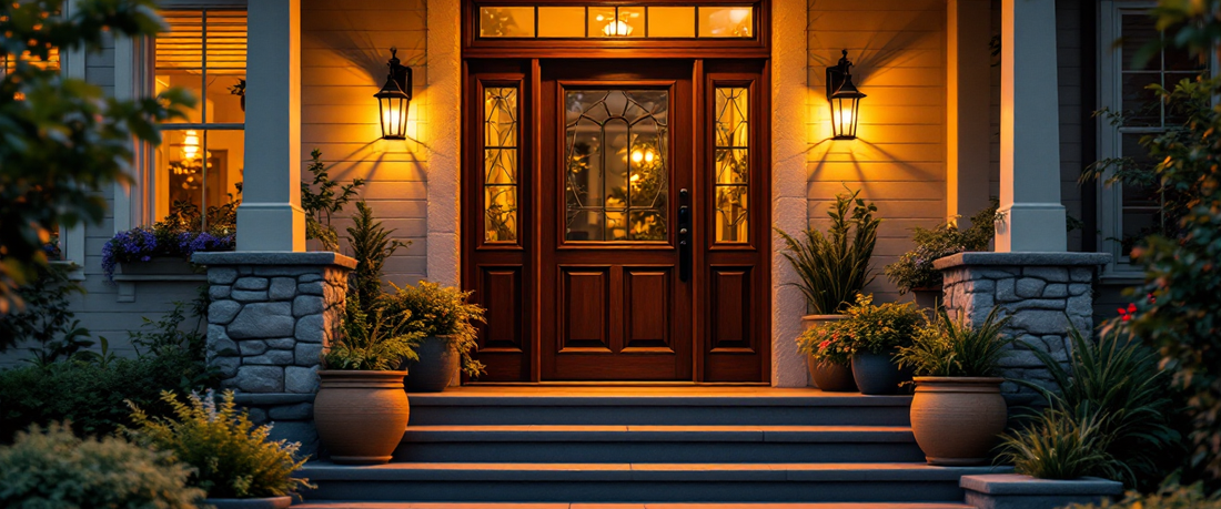 Welcoming front porch and entry of a home at golden hour