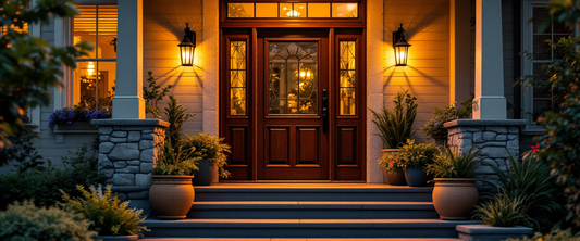 Welcoming front porch and entry of a home at golden hour